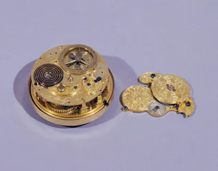 Rückplatte, mit entferntem Unruhkloben, einer Uhr von Thomas Mudge, London, hergestellt für den König von Spanien, 1755